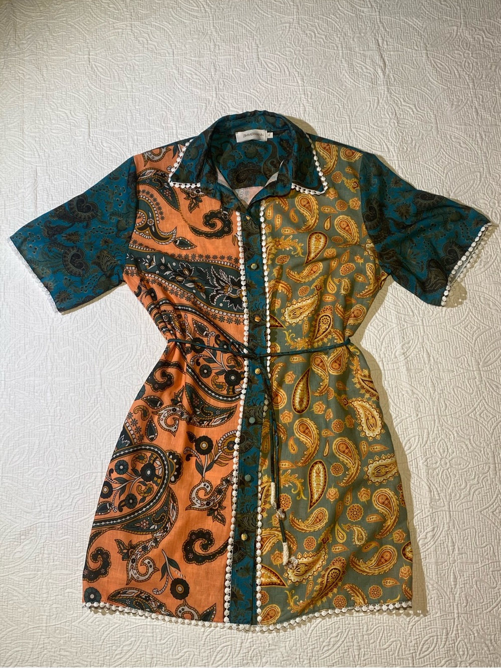 Zimmermann Paisley Patchwork Mini Dress in Teal and Burnt Orange